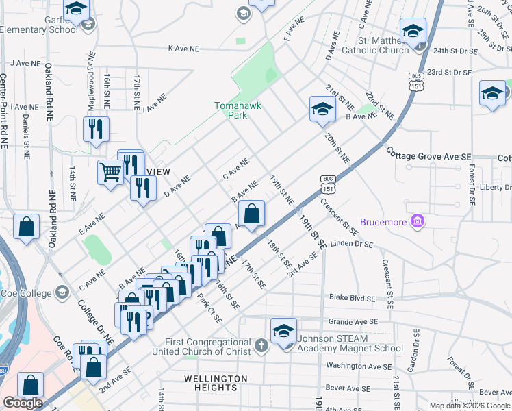 map of restaurants, bars, coffee shops, grocery stores, and more near 1820 A Avenue Northeast in Cedar Rapids