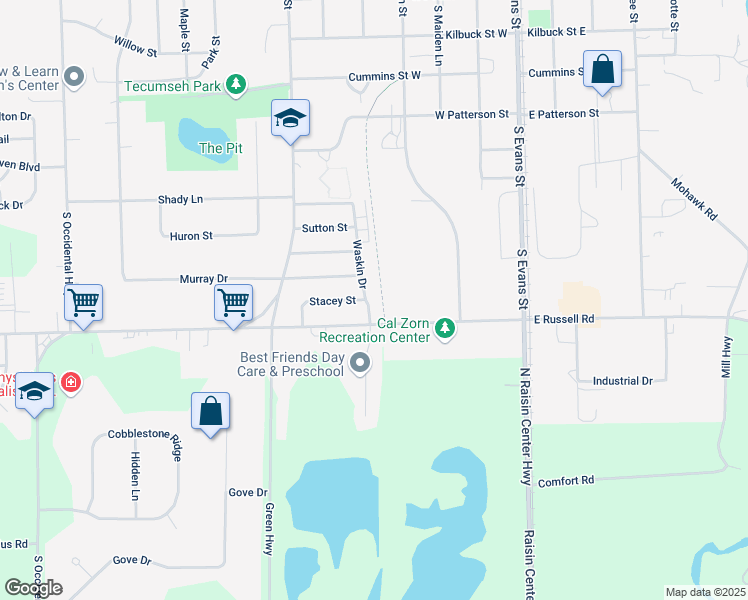 map of restaurants, bars, coffee shops, grocery stores, and more near 501 West Russell Road in Tecumseh