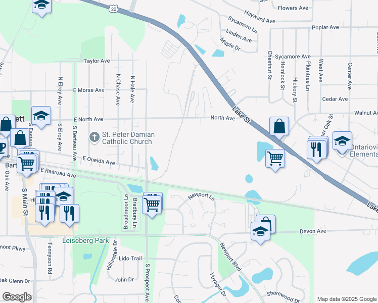 map of restaurants, bars, coffee shops, grocery stores, and more near 145 South Prospect Avenue in Bartlett