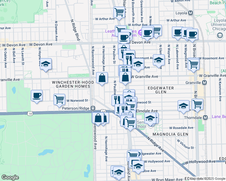 map of restaurants, bars, coffee shops, grocery stores, and more near 1706 West Glenlake Avenue in Chicago