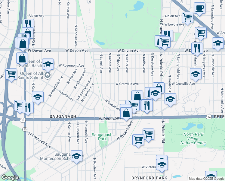 map of restaurants, bars, coffee shops, grocery stores, and more near 6128 North Kildare Avenue in Chicago