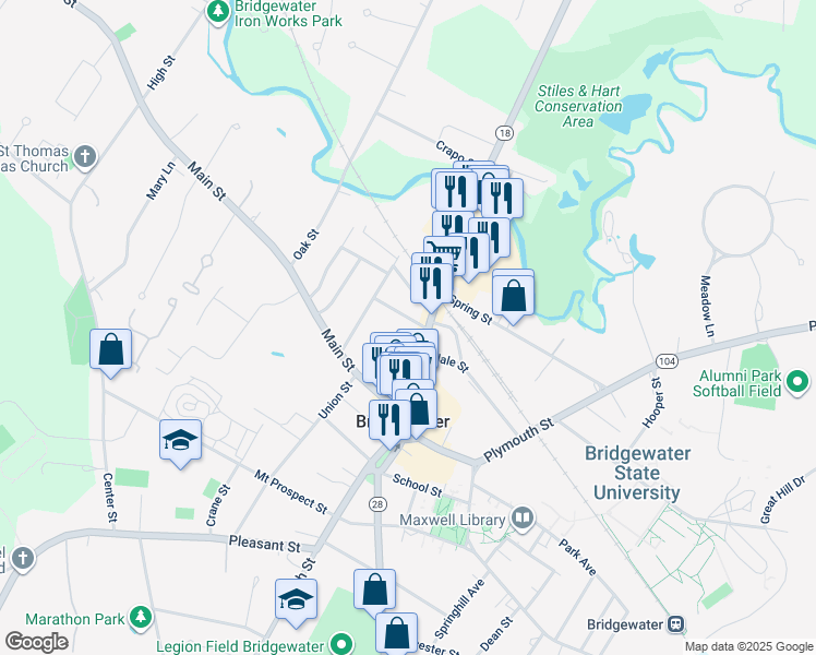 map of restaurants, bars, coffee shops, grocery stores, and more near 78 Broad Street in Bridgewater