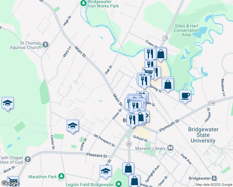 map of restaurants, bars, coffee shops, grocery stores, and more near 120 Main Street in Bridgewater