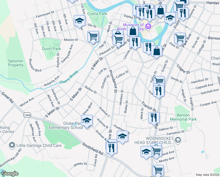map of restaurants, bars, coffee shops, grocery stores, and more near 297 Providence Street in Woonsocket