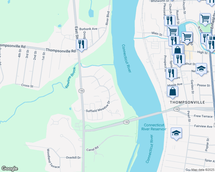 map of restaurants, bars, coffee shops, grocery stores, and more near 145 West Grayling Lane in Suffield