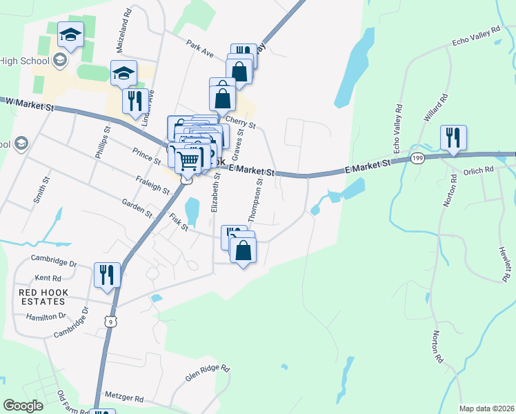map of restaurants, bars, coffee shops, grocery stores, and more near 29 Thompson Street in Red Hook