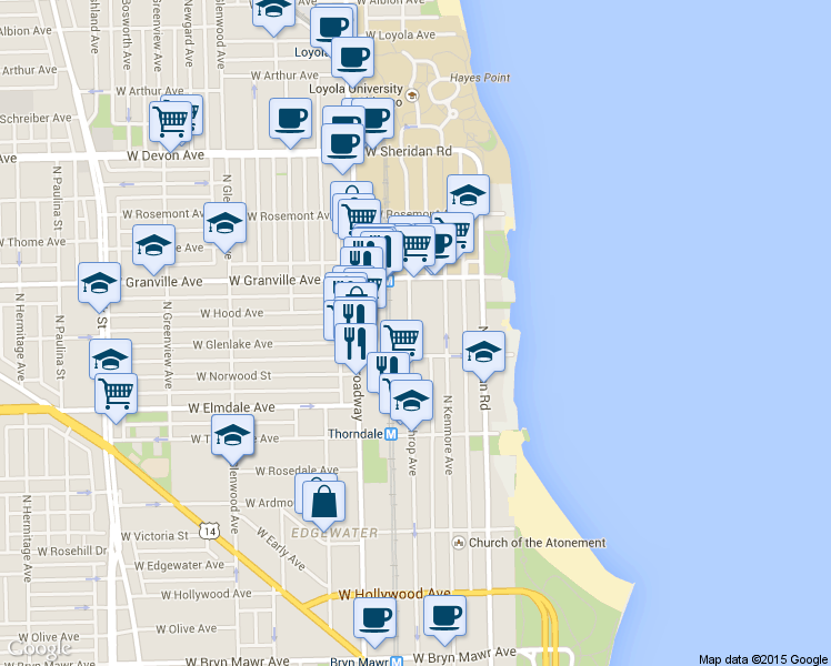map of restaurants, bars, coffee shops, grocery stores, and more near 6102 North Winthrop Avenue in Chicago