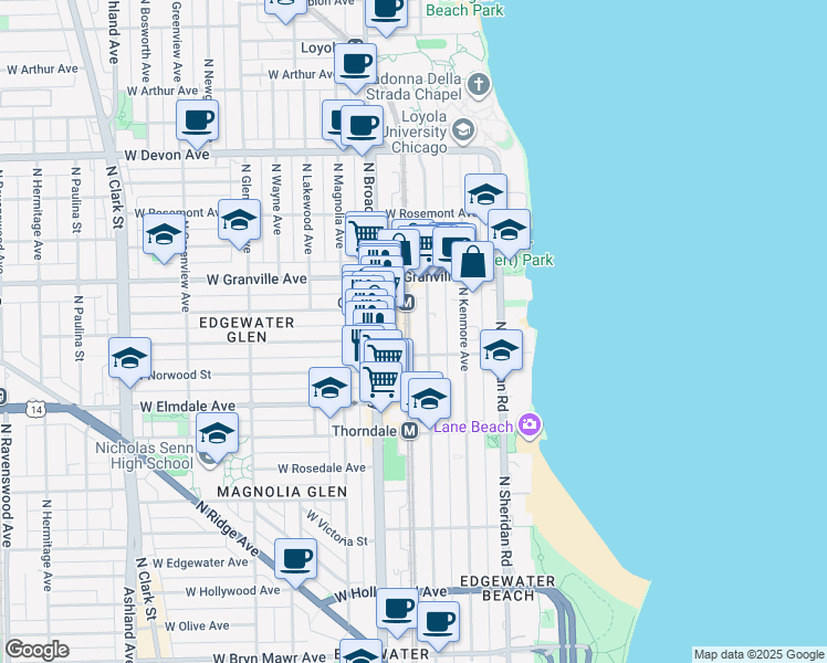 map of restaurants, bars, coffee shops, grocery stores, and more near 6102 North Winthrop Avenue in Chicago
