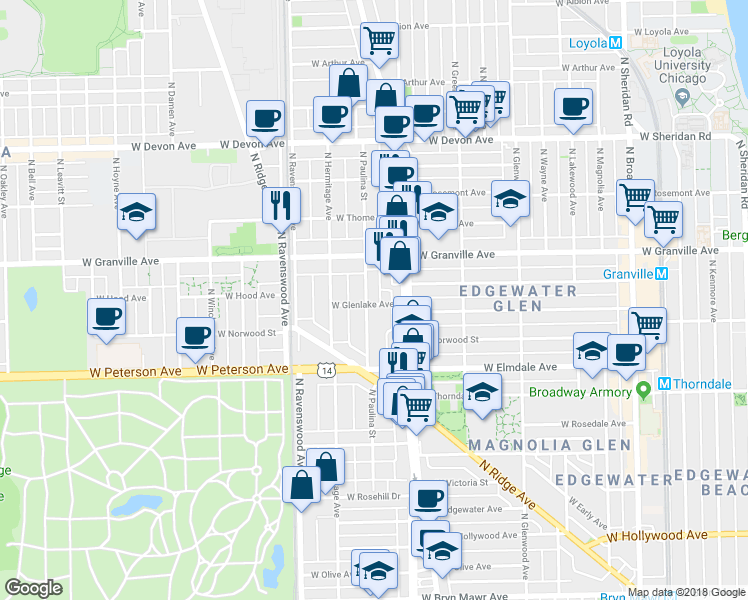 map of restaurants, bars, coffee shops, grocery stores, and more near 6058 North Paulina Street in Chicago