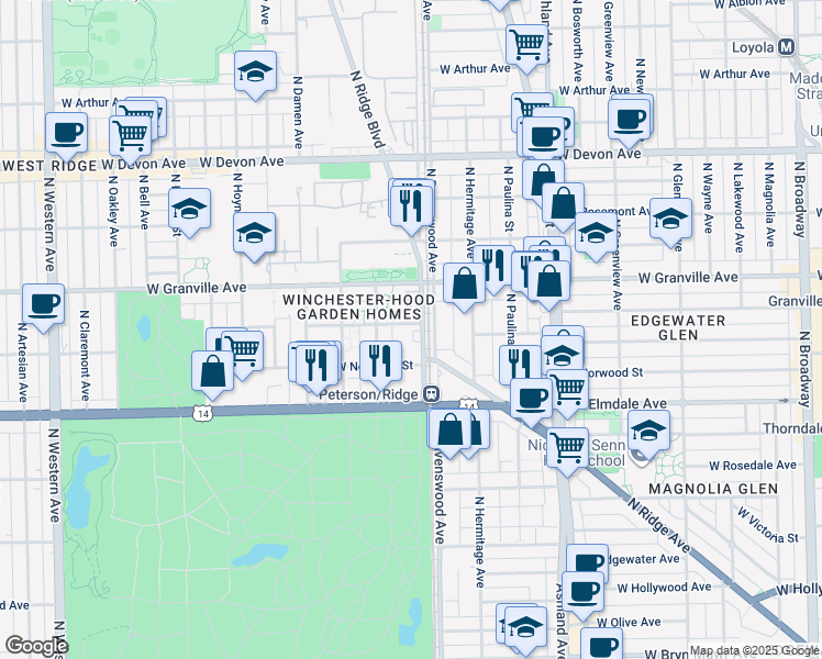 map of restaurants, bars, coffee shops, grocery stores, and more near 1835 West Hood Avenue in Chicago