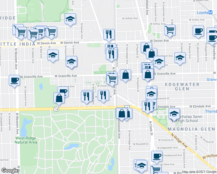 map of restaurants, bars, coffee shops, grocery stores, and more near 1835 West Hood Avenue in Chicago