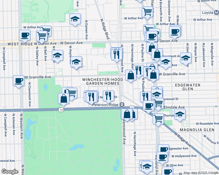 map of restaurants, bars, coffee shops, grocery stores, and more near 1835 West Hood Avenue in Chicago