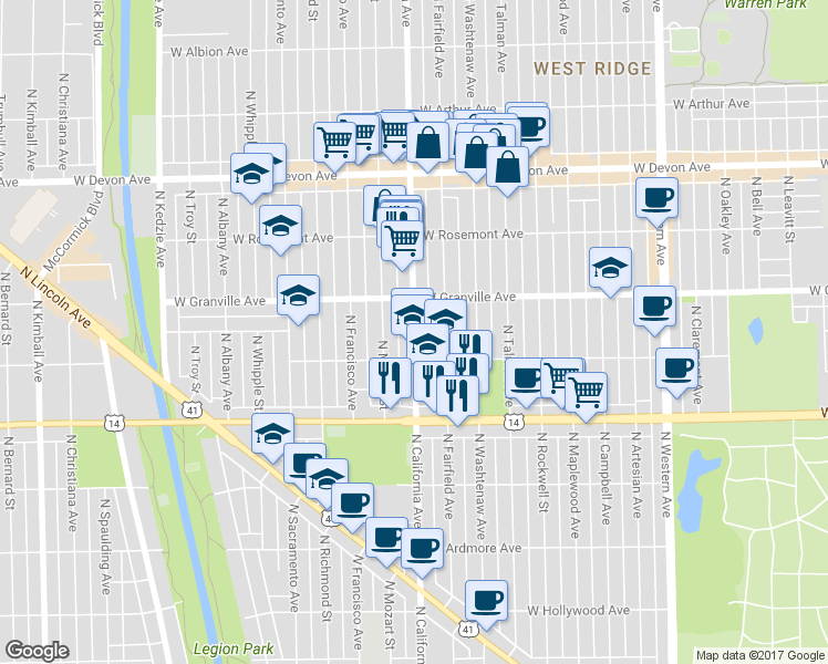 map of restaurants, bars, coffee shops, grocery stores, and more near 6110 North Fairfield Avenue in Chicago