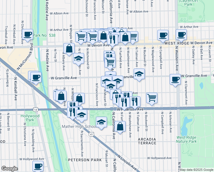 map of restaurants, bars, coffee shops, grocery stores, and more near 6107 North Mozart Street in Chicago