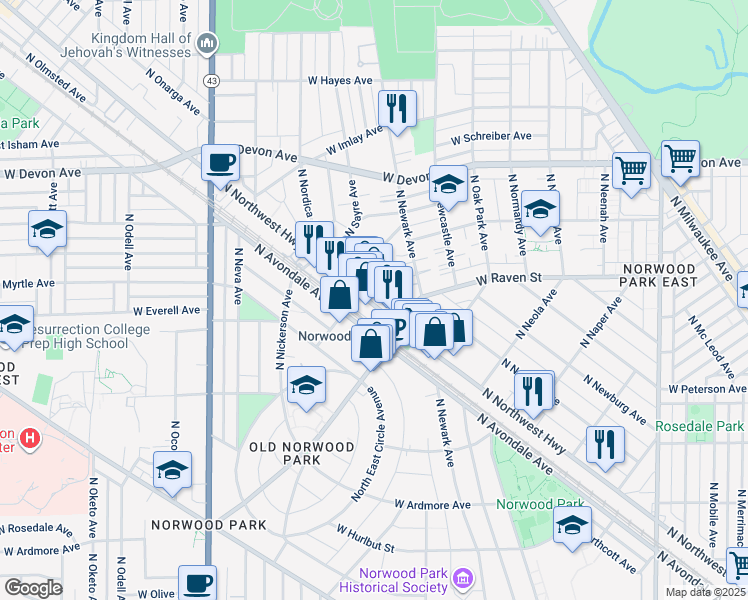 map of restaurants, bars, coffee shops, grocery stores, and more near 6100 North Northwest Highway in Chicago