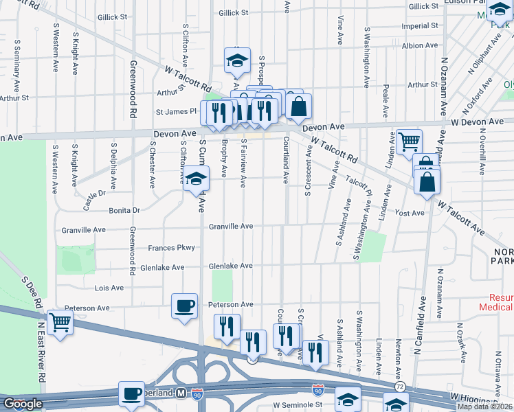 map of restaurants, bars, coffee shops, grocery stores, and more near 1431 South Prospect Avenue in Park Ridge