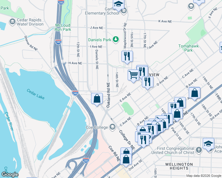 map of restaurants, bars, coffee shops, grocery stores, and more near 1373-1399 G Avenue Northeast in Cedar Rapids