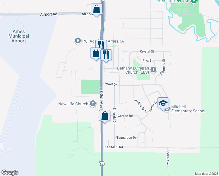 map of restaurants, bars, coffee shops, grocery stores, and more near 3313 Emerald Drive in Ames