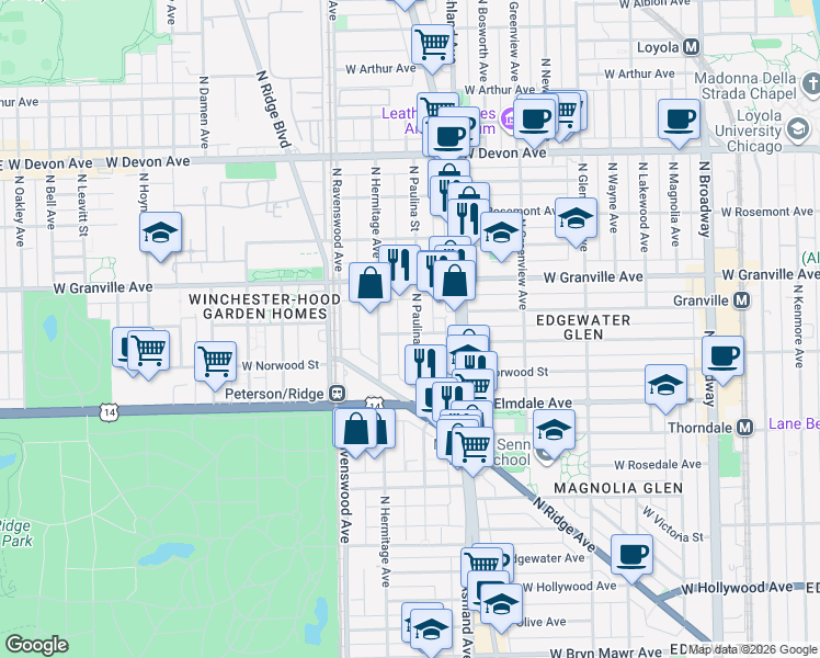 map of restaurants, bars, coffee shops, grocery stores, and more near 6060 North Paulina Street in Chicago
