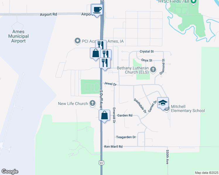 map of restaurants, bars, coffee shops, grocery stores, and more near 3313 Emerald Drive in Ames