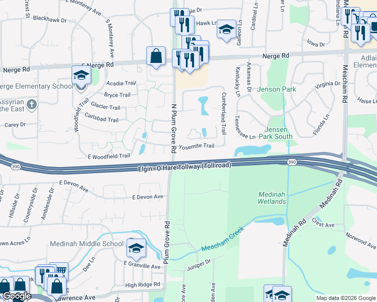 map of restaurants, bars, coffee shops, grocery stores, and more near 861 Yosemite Trail in Roselle