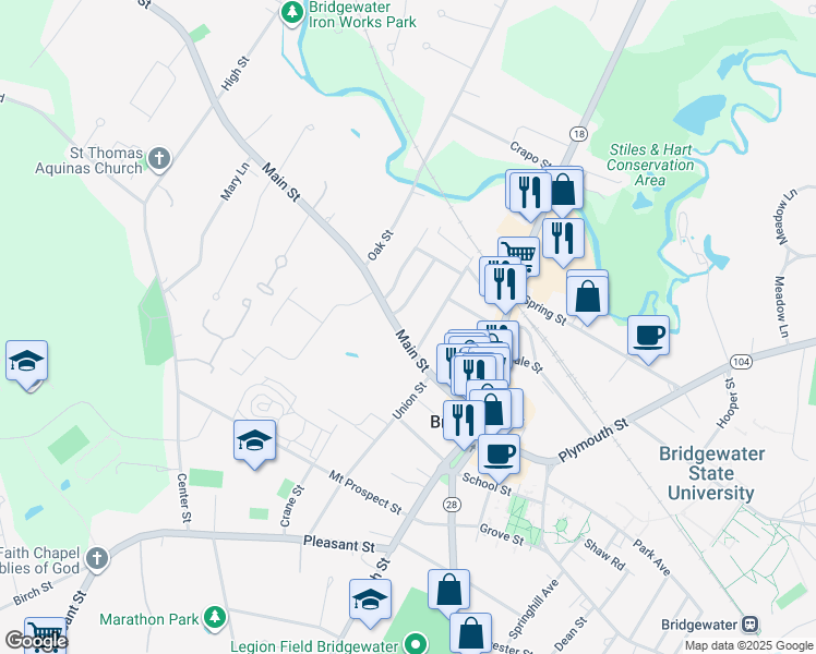 map of restaurants, bars, coffee shops, grocery stores, and more near 127 Main Street in Bridgewater