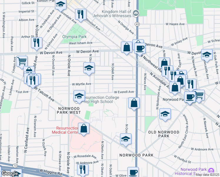 map of restaurants, bars, coffee shops, grocery stores, and more near in Chicago