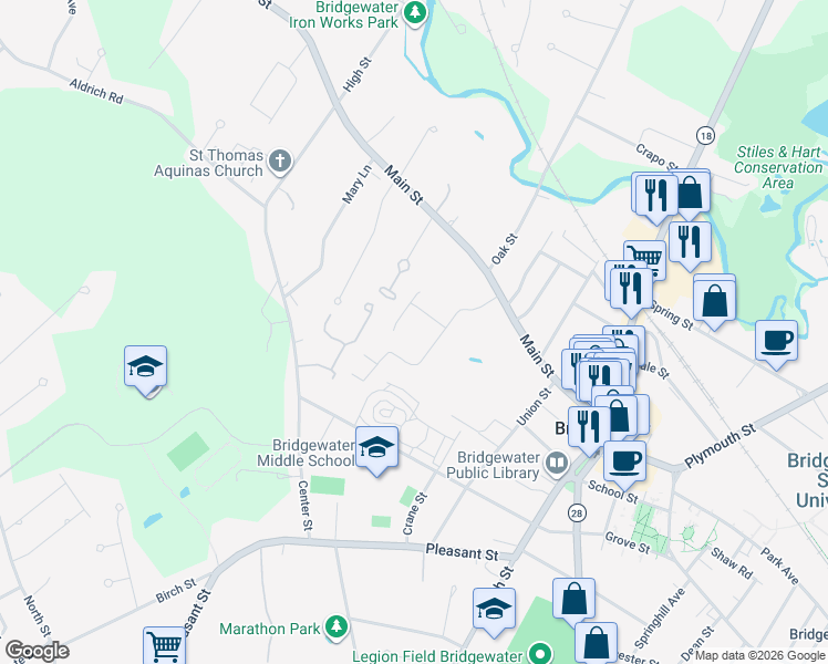 map of restaurants, bars, coffee shops, grocery stores, and more near 180 Main Street in Bridgewater