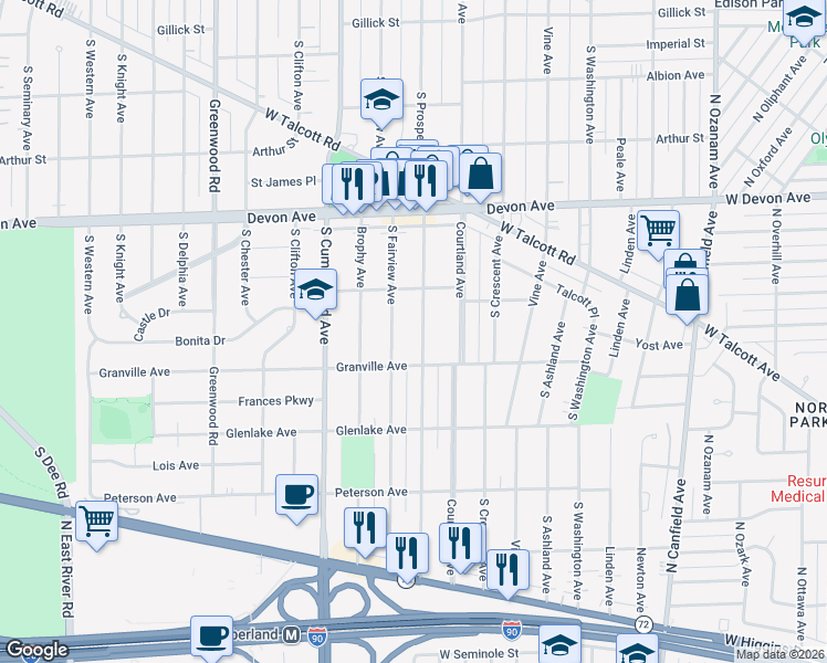 map of restaurants, bars, coffee shops, grocery stores, and more near 1431 South Prospect Avenue in Park Ridge