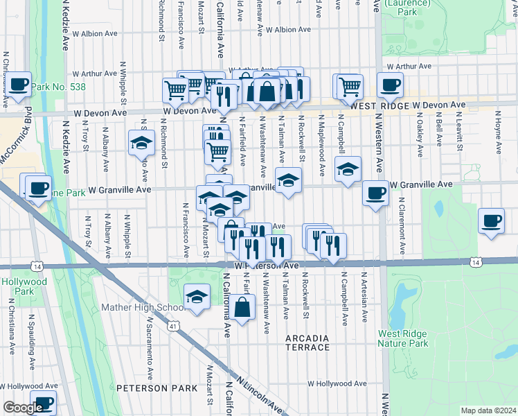map of restaurants, bars, coffee shops, grocery stores, and more near 6126 North Washtenaw Avenue in Chicago