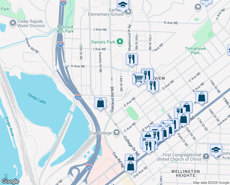 map of restaurants, bars, coffee shops, grocery stores, and more near 1373-1399 G Avenue Northeast in Cedar Rapids