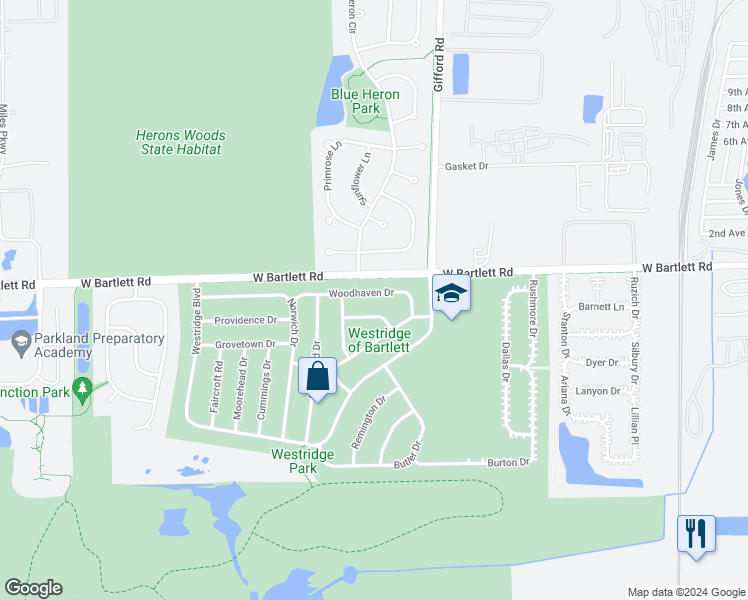 map of restaurants, bars, coffee shops, grocery stores, and more near 1959 Woodhaven Drive in Bartlett