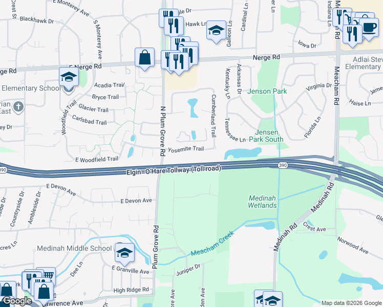 map of restaurants, bars, coffee shops, grocery stores, and more near 861 Yosemite Trail in Roselle
