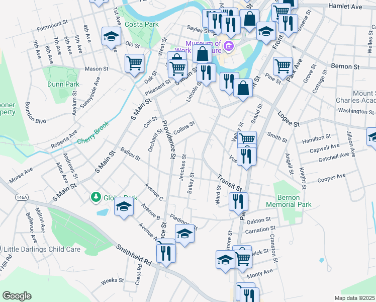 map of restaurants, bars, coffee shops, grocery stores, and more near 94 Jenckes Street in Woonsocket