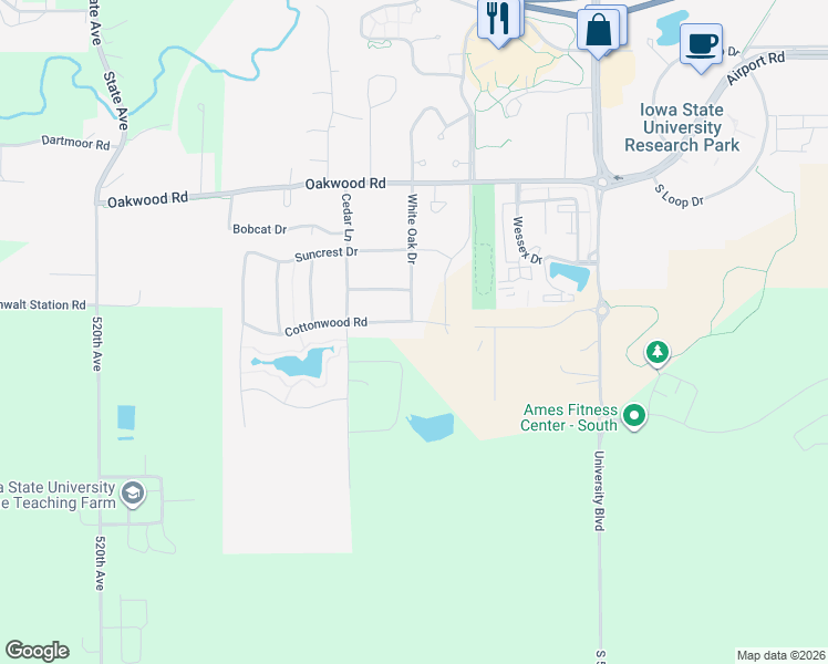 map of restaurants, bars, coffee shops, grocery stores, and more near 2226 Cottonwood Road in Ames