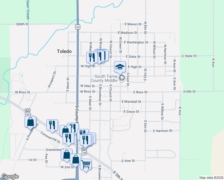 map of restaurants, bars, coffee shops, grocery stores, and more near 400-498 South Church Street in Toledo