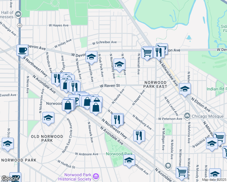 map of restaurants, bars, coffee shops, grocery stores, and more near 6107 North Newburg Avenue in Chicago