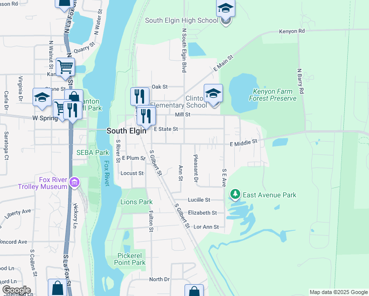 map of restaurants, bars, coffee shops, grocery stores, and more near 195 Ann Street in South Elgin