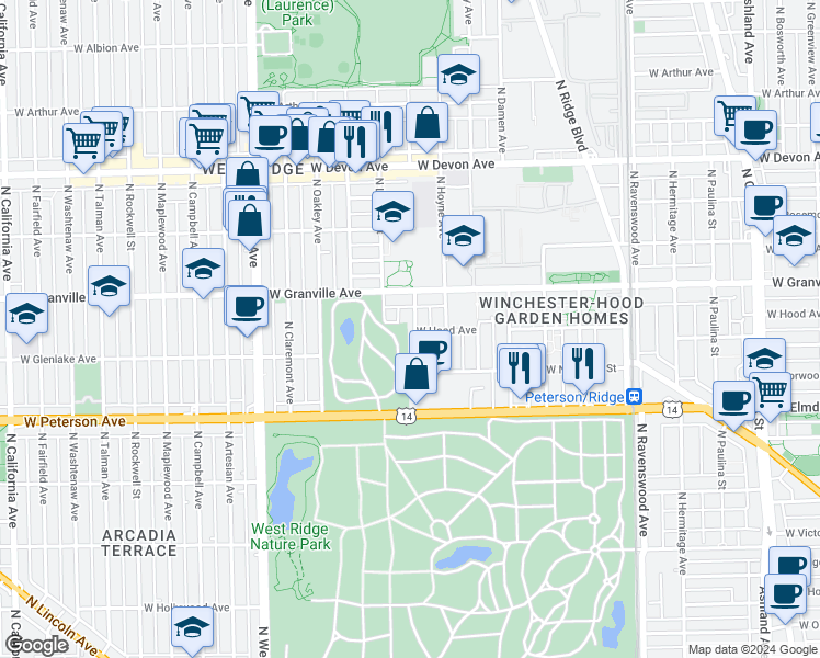 map of restaurants, bars, coffee shops, grocery stores, and more near 6122 North Hamilton Avenue in Chicago