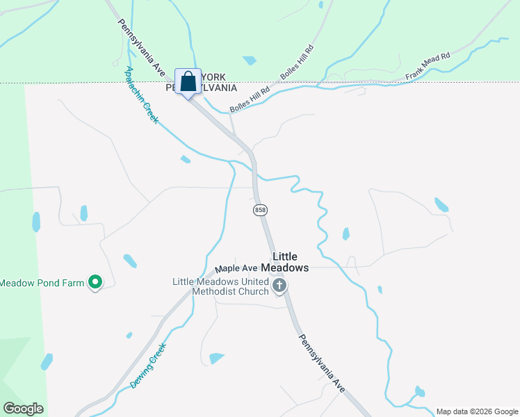 map of restaurants, bars, coffee shops, grocery stores, and more near 1126 Pennsylvania Avenue in Little Meadows