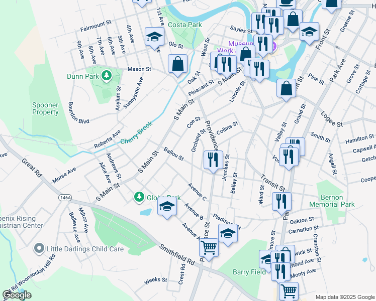 map of restaurants, bars, coffee shops, grocery stores, and more near 168 Orchard Street in Woonsocket