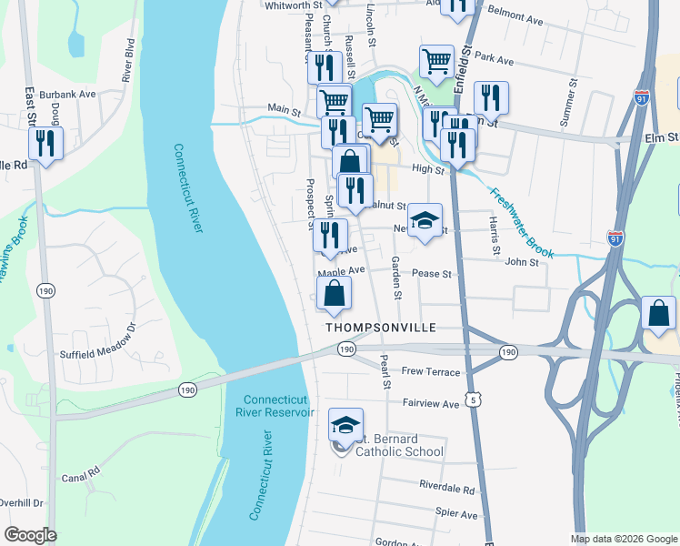 map of restaurants, bars, coffee shops, grocery stores, and more near 136 Spring Street in Enfield