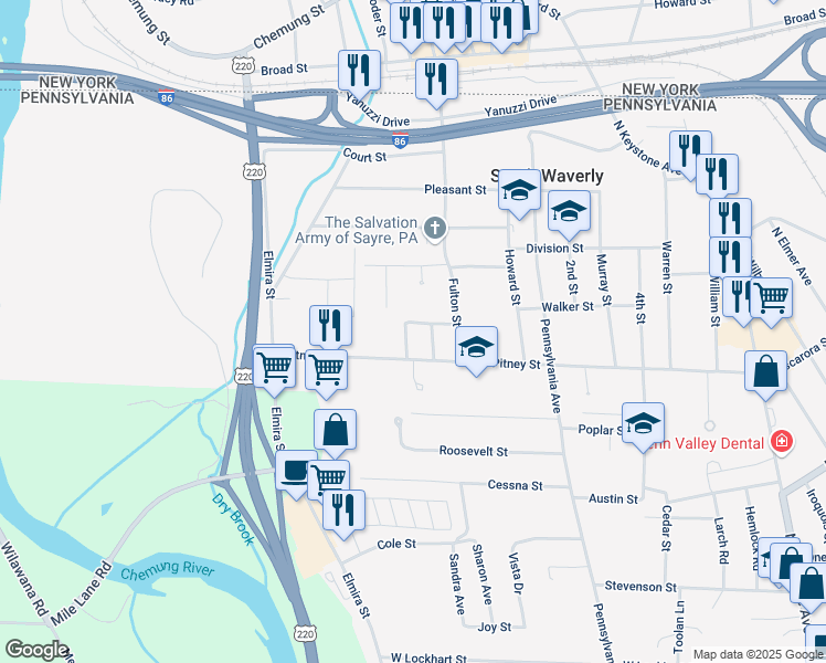 map of restaurants, bars, coffee shops, grocery stores, and more near 41-45 State Route 1069 in South Waverly
