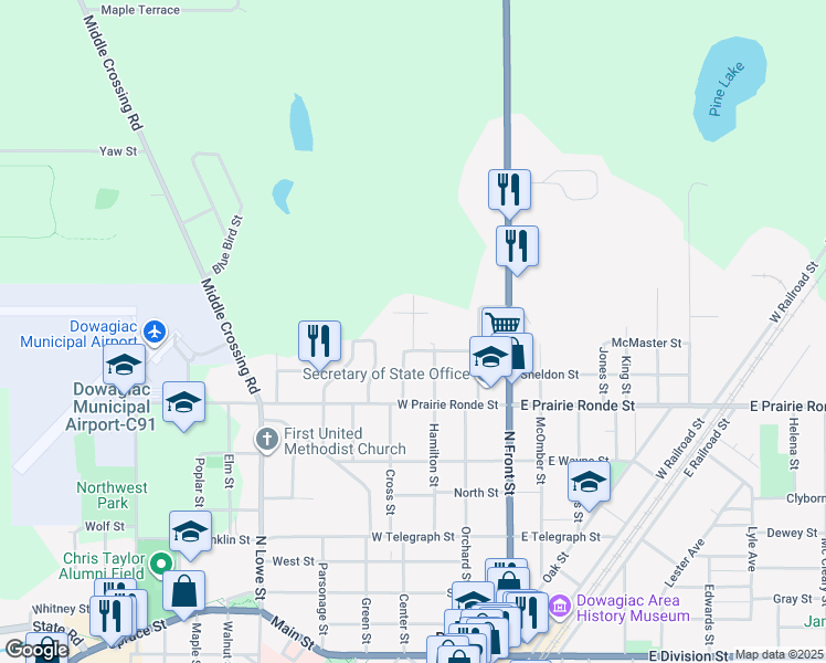 map of restaurants, bars, coffee shops, grocery stores, and more near 312 Hamilton Street in Dowagiac