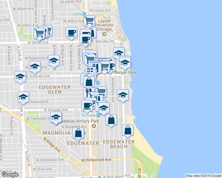 map of restaurants, bars, coffee shops, grocery stores, and more near 6106 North Kenmore Avenue in Chicago
