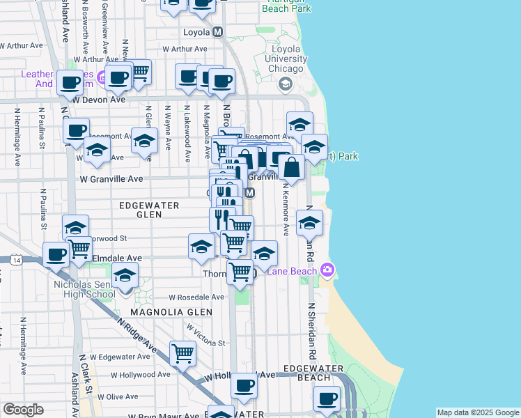map of restaurants, bars, coffee shops, grocery stores, and more near 6102 North Winthrop Avenue in Chicago
