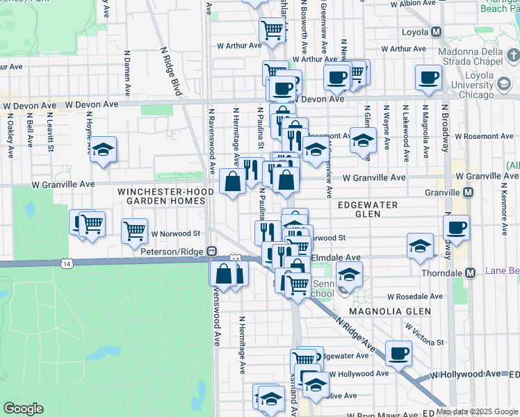 map of restaurants, bars, coffee shops, grocery stores, and more near 6058 North Paulina Street in Chicago