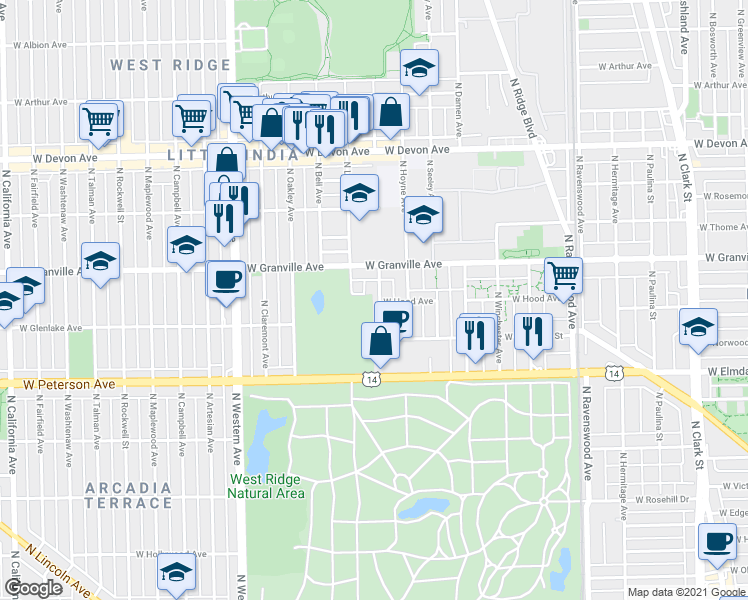 map of restaurants, bars, coffee shops, grocery stores, and more near 6122 North Hamilton Avenue in Chicago