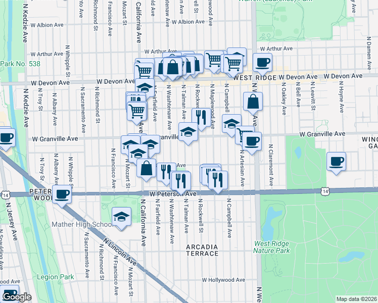 map of restaurants, bars, coffee shops, grocery stores, and more near 6108 North Talman Avenue in Chicago