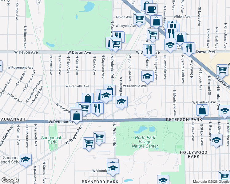 map of restaurants, bars, coffee shops, grocery stores, and more near 6118 North Pulaski Road in Chicago
